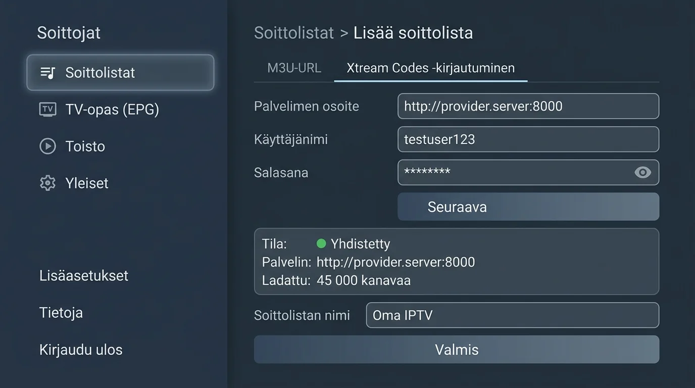 TiviMate soittolistan asetukset ja Xtream Codes kirjautuminen