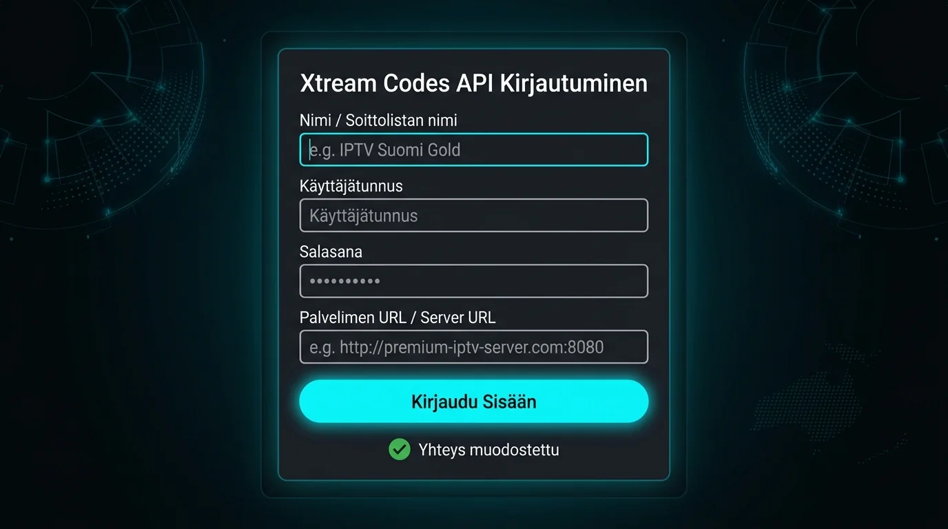 IPTV Smarters Pro Xtream Codes API kirjautumisnäyttö