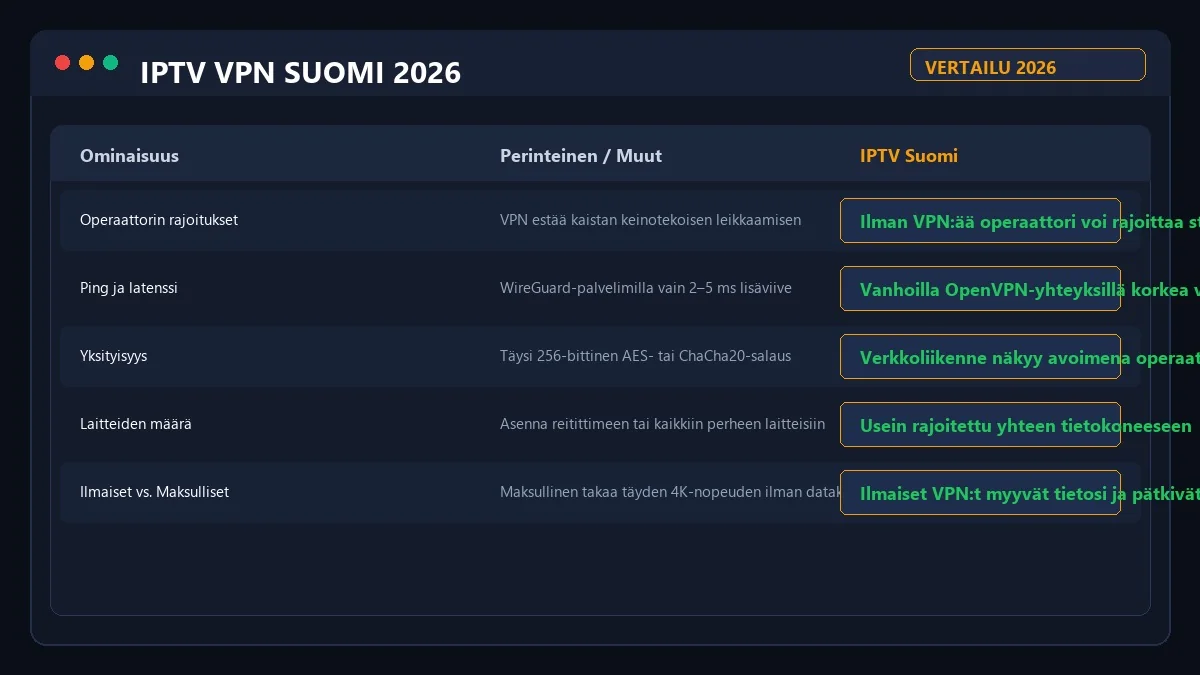 VPN vertailutaulukko IPTV käyttöön 2026