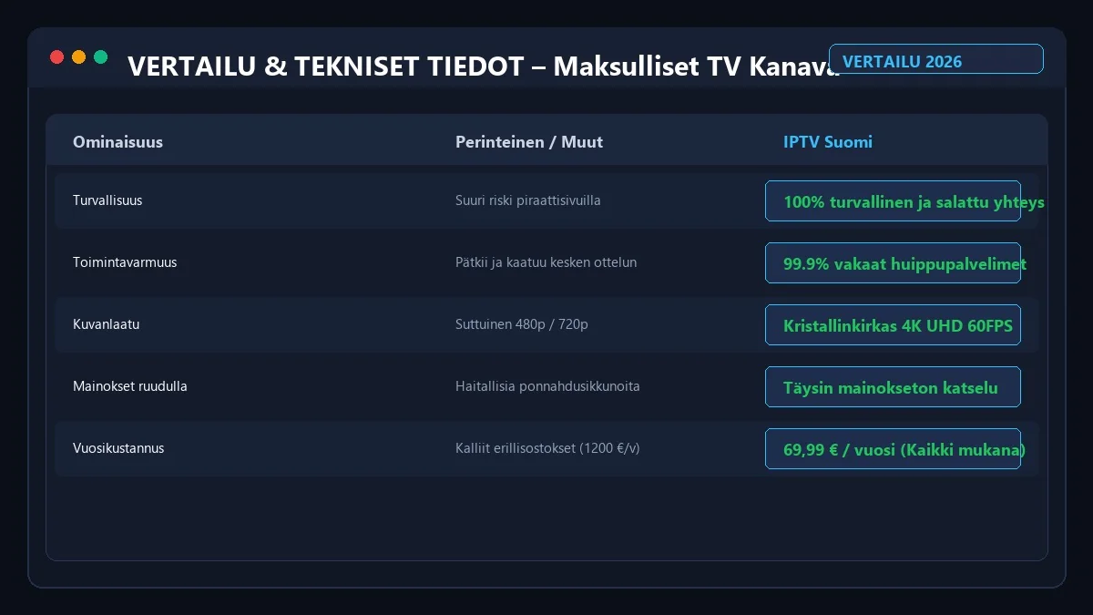 Maksulliset TV Kanavat Ilmaiseksi 2026 vertailutaulukko ja ominaisuudet